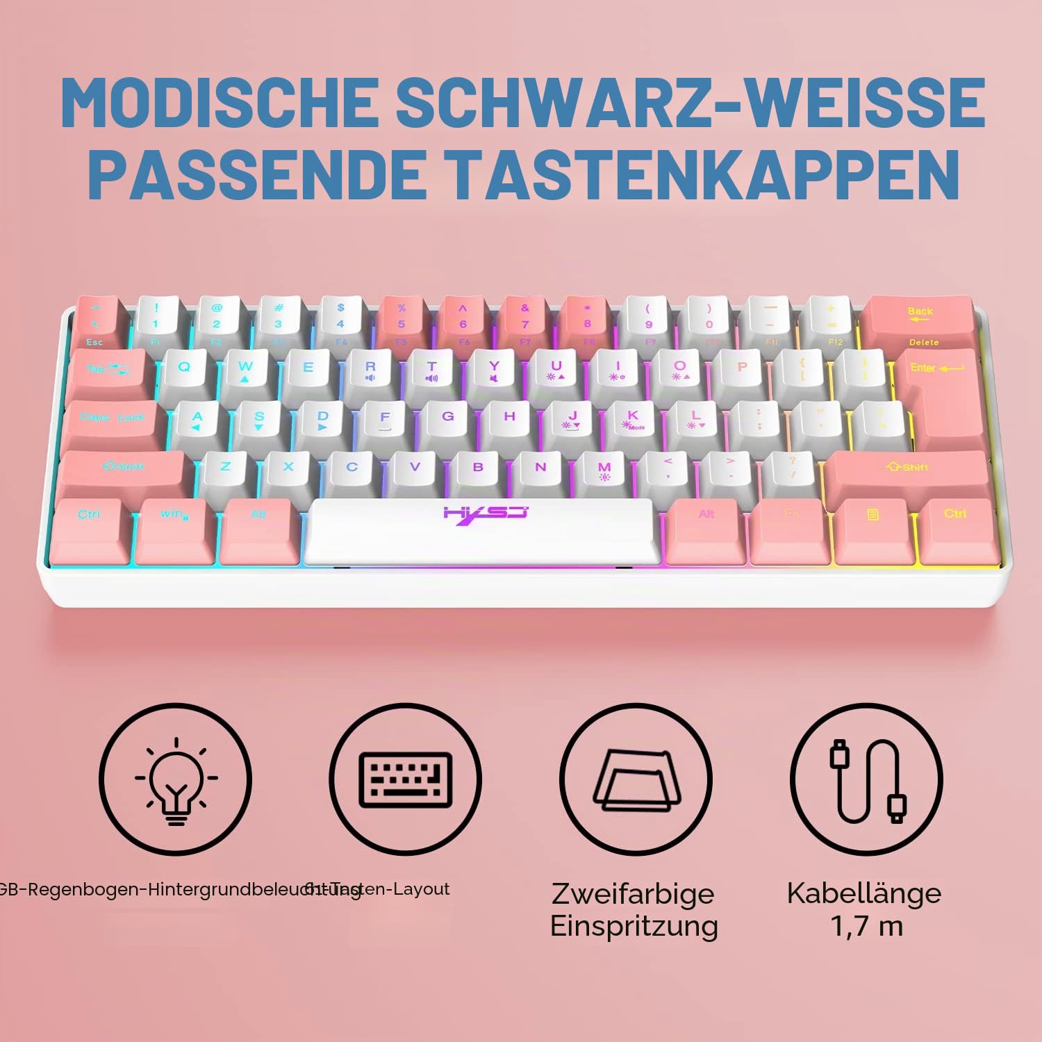 Kabelgebundene Gaming-Tastatur- & Maus-Set mit 61 Tasten RGB Backlit, Mauspad, 7 Farbatmungslicht Maus, 3600 DPI, für PS4-Windows-PC-Mac-Laptop (Weiß)