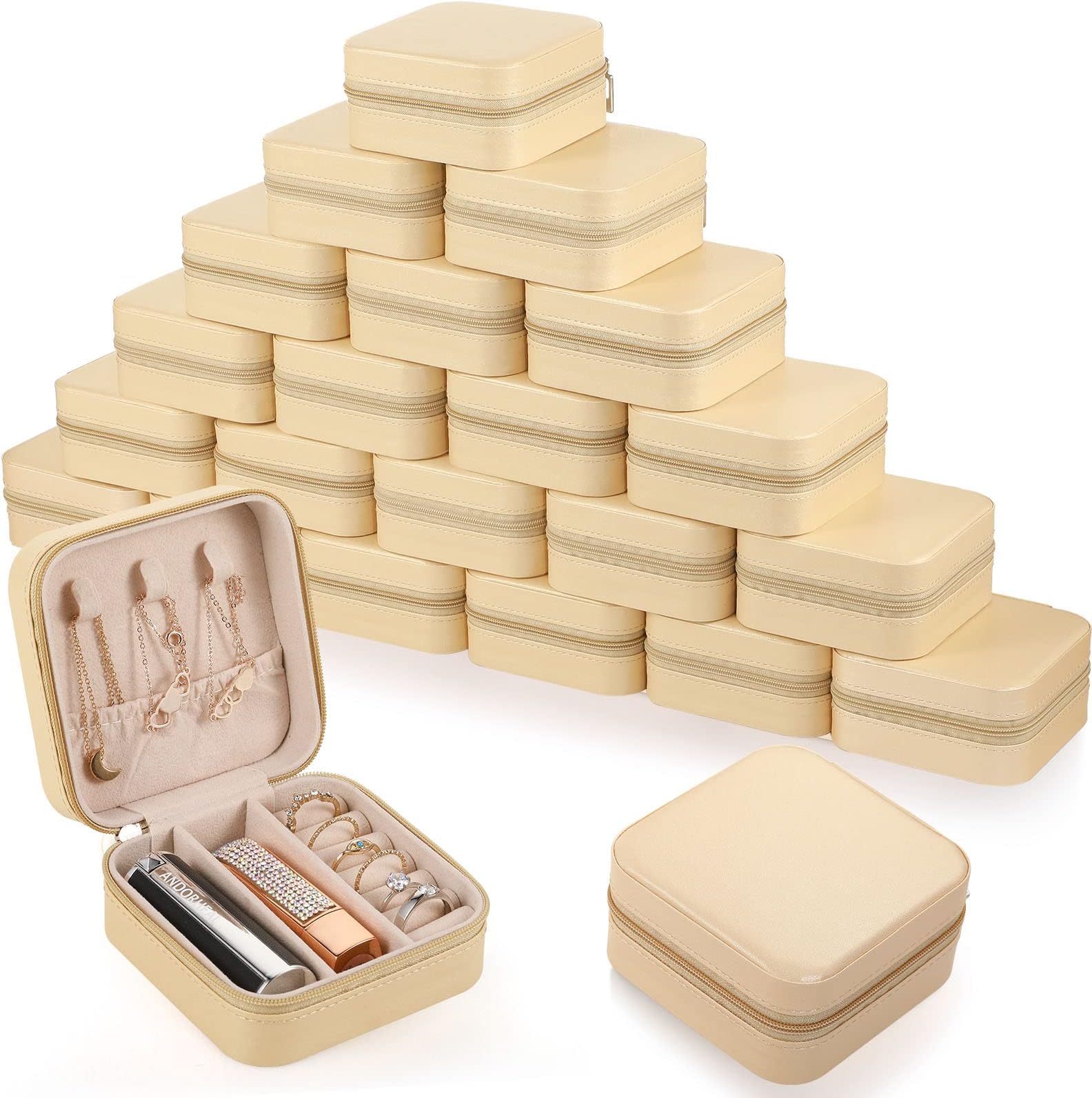 CanlierrCanlierr Small Travel Jewelry PU Leather Boxes Bulk for Women Girls, Bridesmaid Gift Boxes Portable Jewelry Organizer for Rings (Gold, 24 Pcs)