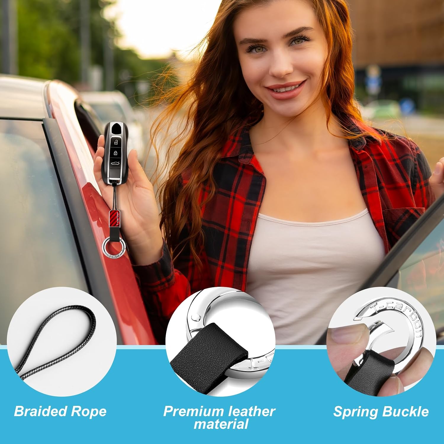 T-carbon Car Keychain Compatible with Porsche Key Fob Keychains, Car Key Rope Lanyard Holder for Men and Women