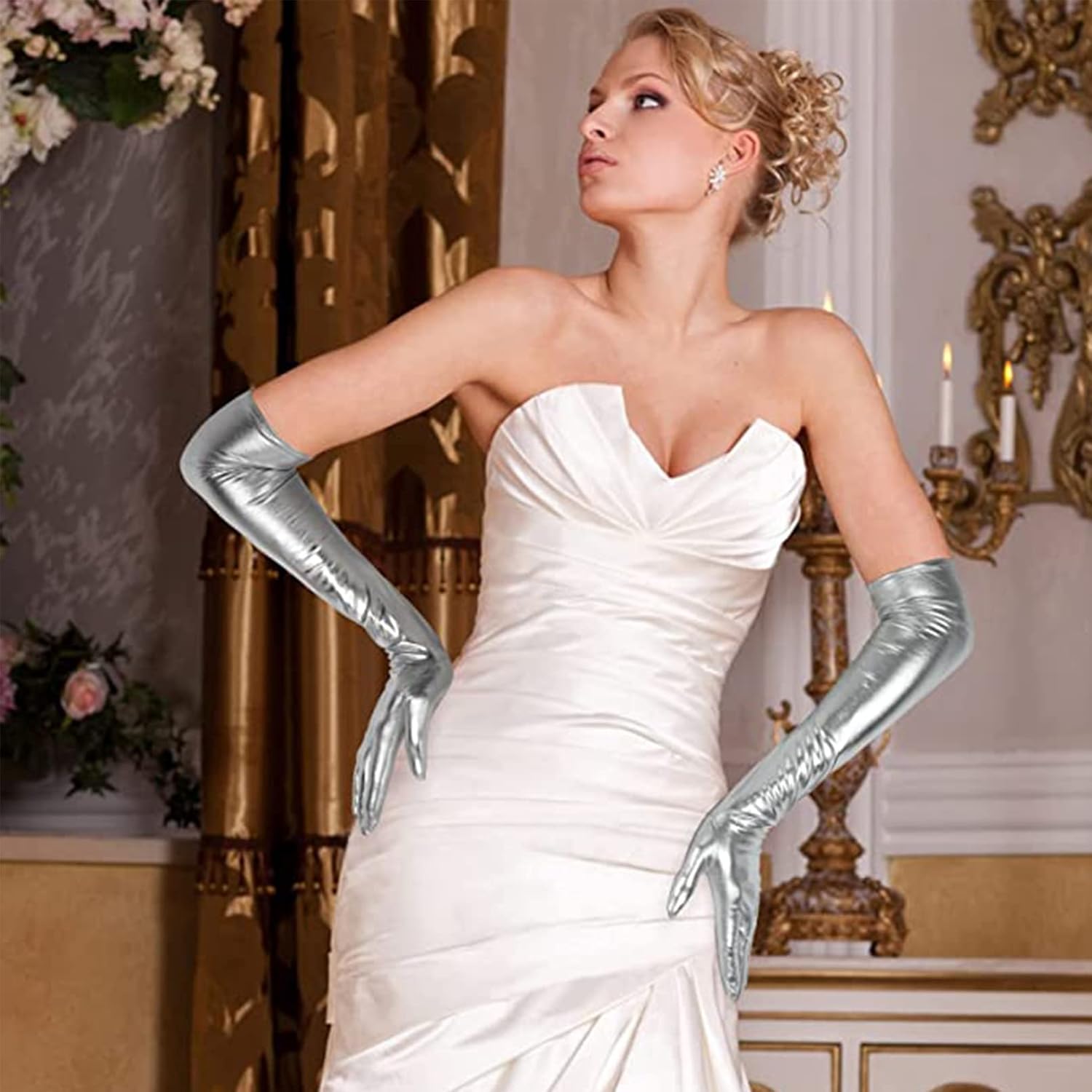 Luwint 2 Pairs Women Sexy Wet Look Black and Silver Long Gloves for Costume Cosplay Photoshoot - Image 3