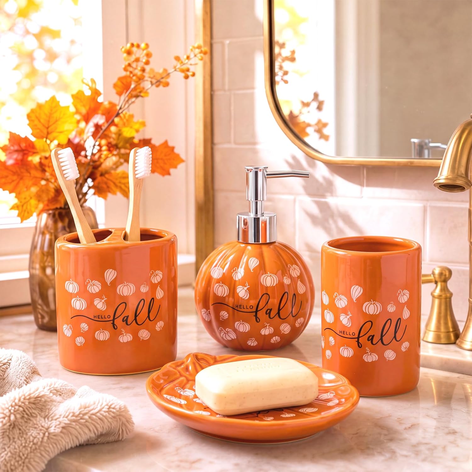 Domensi 4 Pcs Pumpkin Bathroom Ceramic Accessories Set Fall Bathroom Decor Include Lotion Dispenser Toothbrush Holder Tumbler Soap Dish for Home Bath Kitchen Decoration