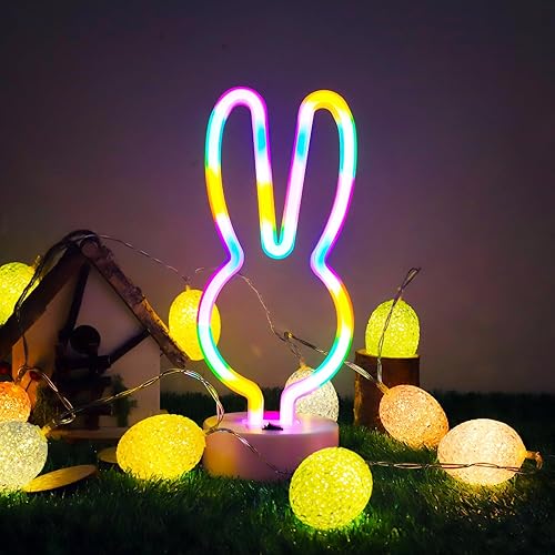 Decoraciones de Pascua, luces de conejo, letreros de neón, luces de neón creativas de conejo con batería base, funciona con USB, cosas de conejo