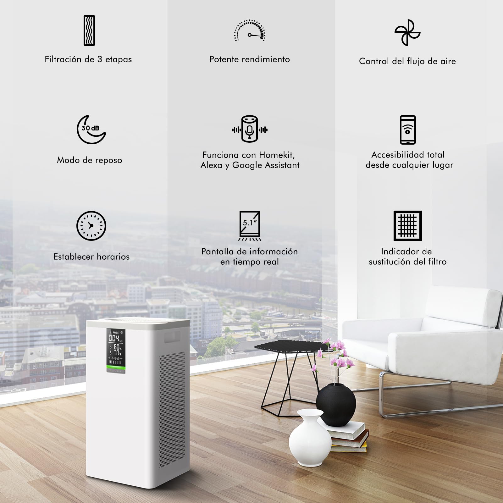VOCOlinc Purificador de Aire Inteligente con Filtro HEPA, 3 Etapas de Filtrado CADR 500 m³/h a 60㎡,Elimina 99,97% de Alergia Polen Polvo Olores, Air Purifier para Hogar Silencioso 30dB, Blanco