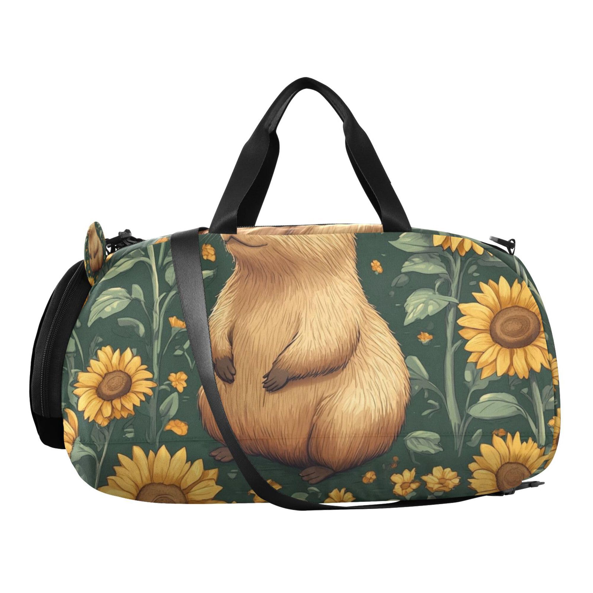 Glaphy Capybaras Sunflowers Funny Duffle Bag for Toddler Boys Girls, Gym Sports Bag with Shoe Compartments, Kids Travel Overnight Weekender Shoulder Bag