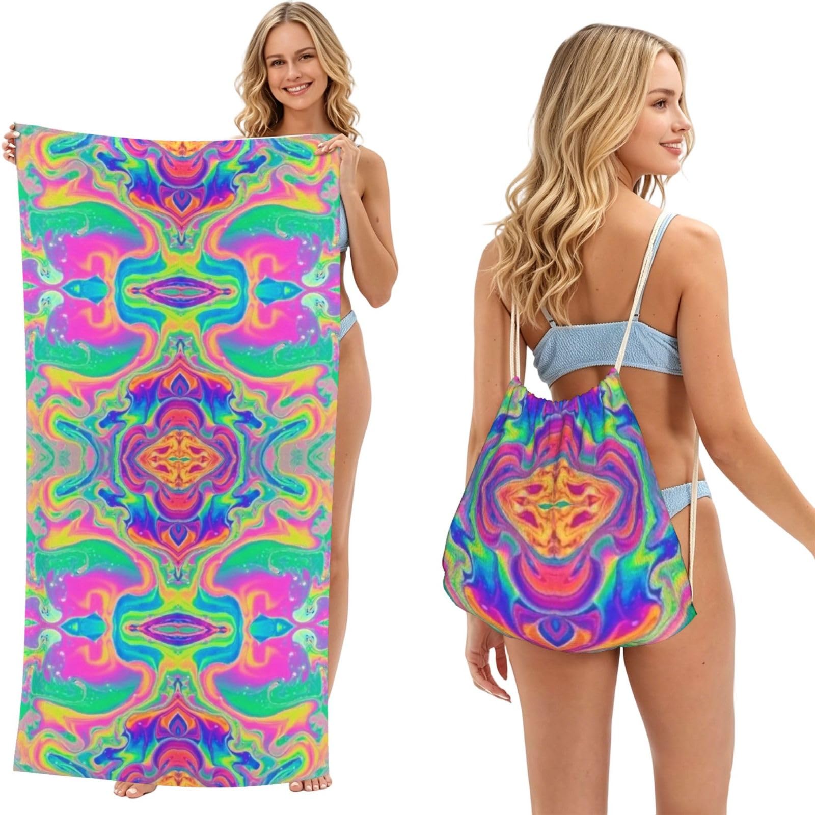 Poadnly As Picture Neon Rainbow Colorful Tie Dye, 2 In 1 Packable Towel Bag, Beach Towels With Drawstring Backpack For Travel Holiday Camping
