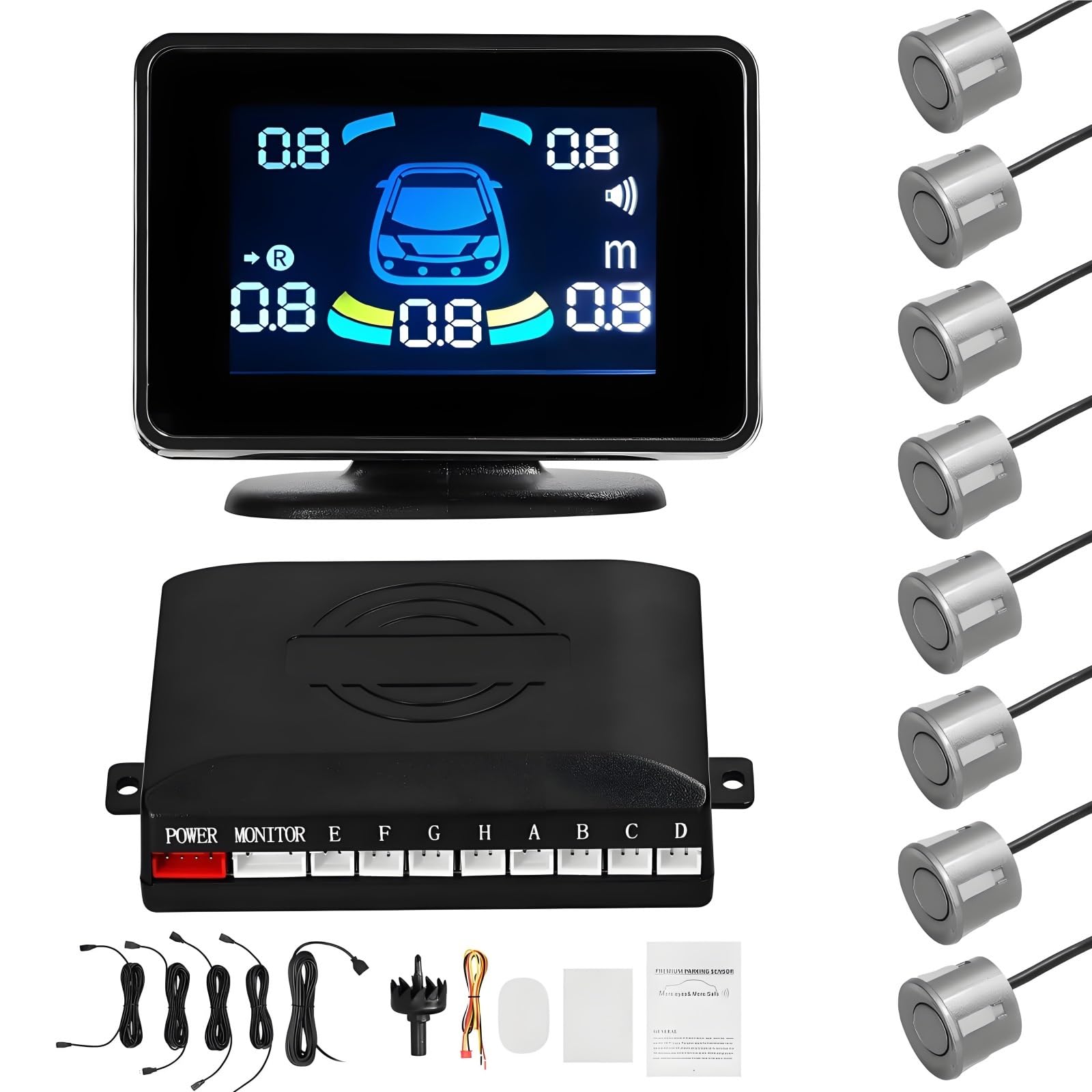 Sistema De Aparcamiento 8 Sensores Con Pantalla LCD, Radar Ultrasónico Delantero Y Trasero, Alertas De Voz Y Sonido, Detector De Marcha Atrás 12V(GRAY)