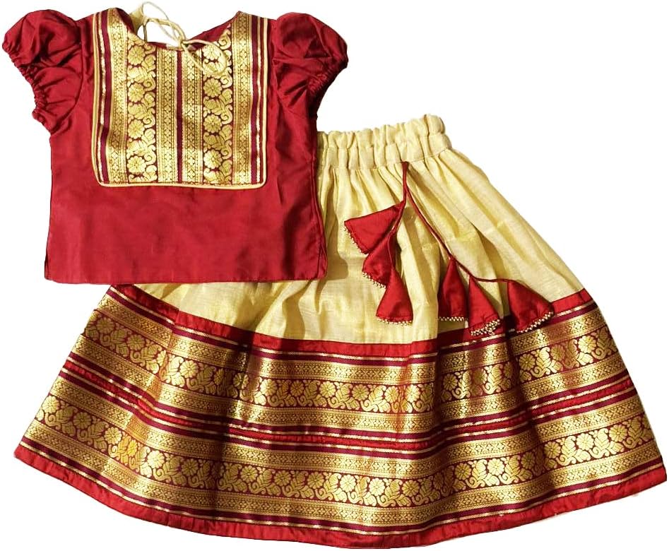 AMMULCotton Silk Readymade Lehenga Choli | Short Sleeve Round Neck Choli and Double Bordered Lehenga | Traditional Dress for Girls | Gift Item (Pack of 1, Maroon)