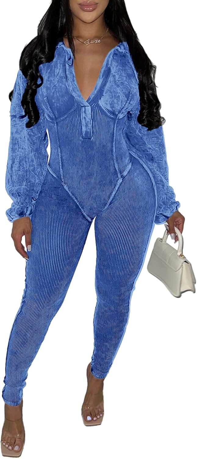 PUXOBYKU Womens Jumpsuits Casual Romper V Neck Bottom Pants Loose Long Sleeve Bodysuit Bodycon Sexy One Piece