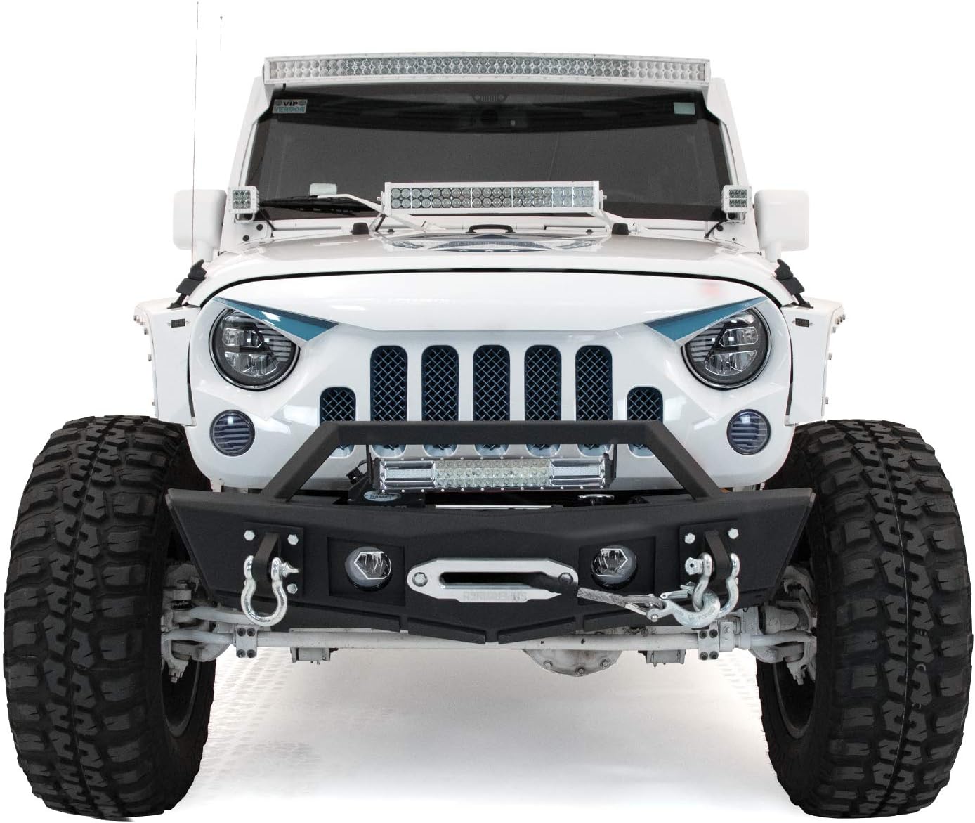 Razer Auto Falcon IV Front bumper with Drop Down Winch, Fog Light Mount and 17 Inch LED Light Bar Mount for 07 to 18 Jeep Wrangler JK (No LEDs or Winch included)