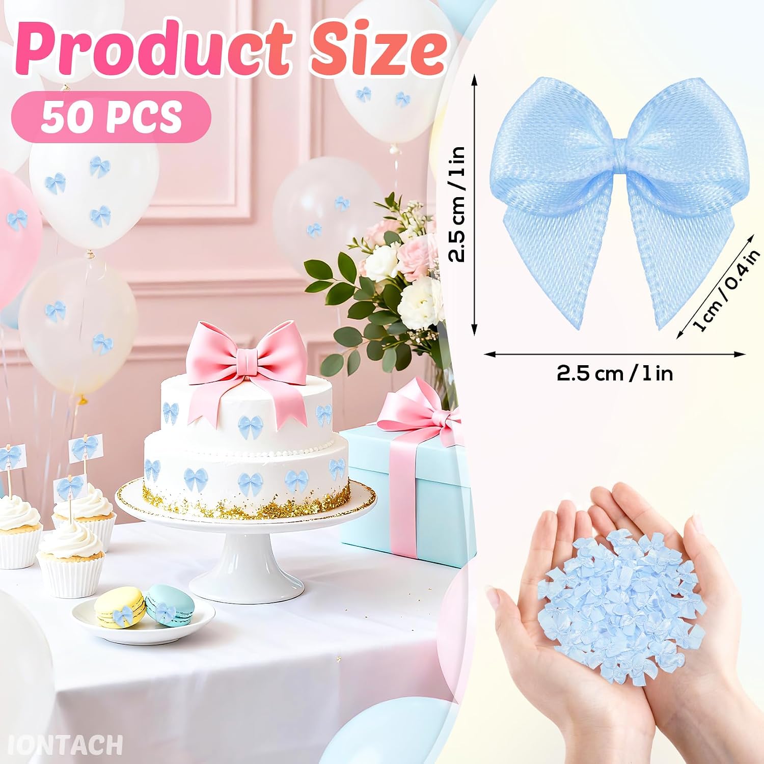 IONTACH 1 Inch Mini Blue Satin Ribbon Bows for Crafts (50 Packs) image 3