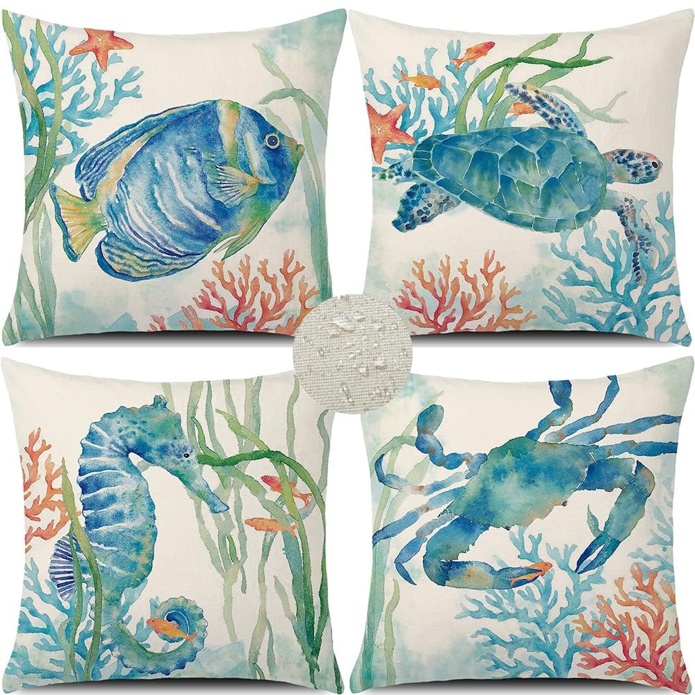 GTEXT Set of 4 Ocean Beach Outdoor Throw Pillow Covers Sea Coastal Theme Decor Cushion Square Pillowcase 18x18 inch Beach Pillows for Patio Couch Sofa