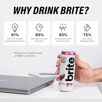 Brite Natural Focus. Energy Drink & Coffee Alternative for Productivity. Plant Based, Backed by Neuroscience. Low Calorie, Vegan, Gluten Free. Raspberry Mint 12 x 330 ml.