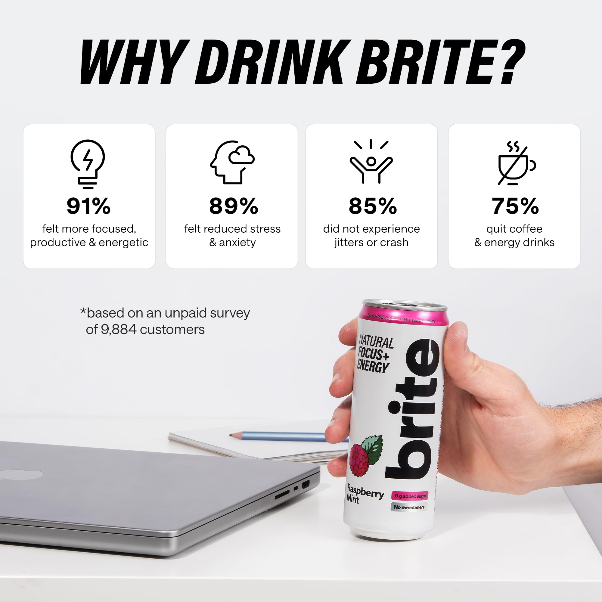 Brite Natural Focus. Boisson énergisante et alternative au café pour améliorer la productivité. À base de plantes, faible en calories, végétalienne, sans gluten. Framboise-menthe, 12 x 330 ml.