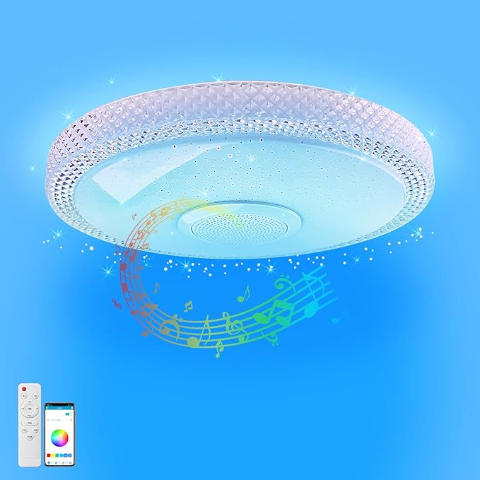 TOPBOS 30W LED plafondlamp met Bluetooth speaker, Plafondlamp met Instelbare Kleurverandering of APP bediening, voor slaapkamer keuken kinderkamer woonkamer badkamer IP54