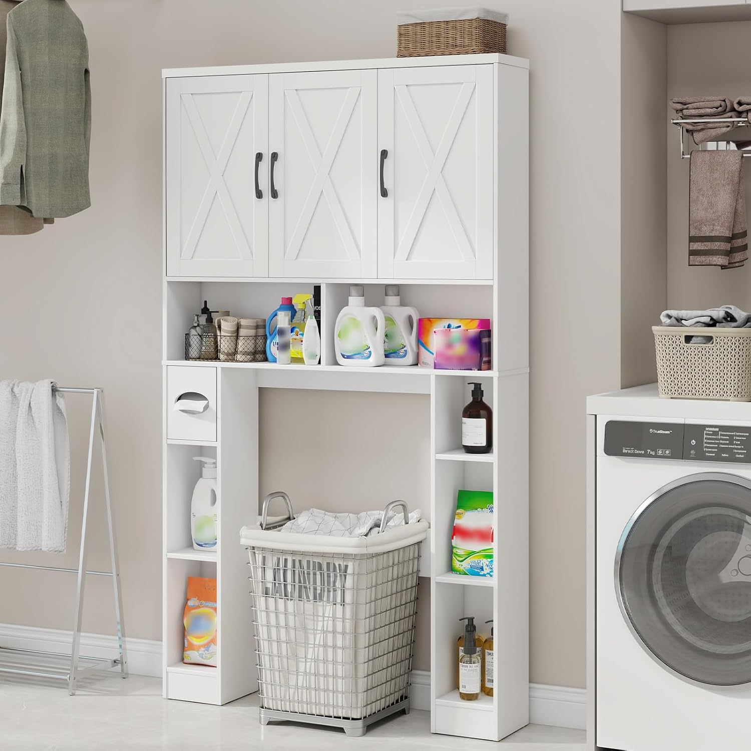 Over The Toilet Storage Cabinet, Farmhouse Toilet Cabinet Rack with 3 Barn Doors, Space Saving Bathroom Organizer with Shelves, Toilet Paper Holder and Towel Rack for Bathroom,Restroom,Laundry, White