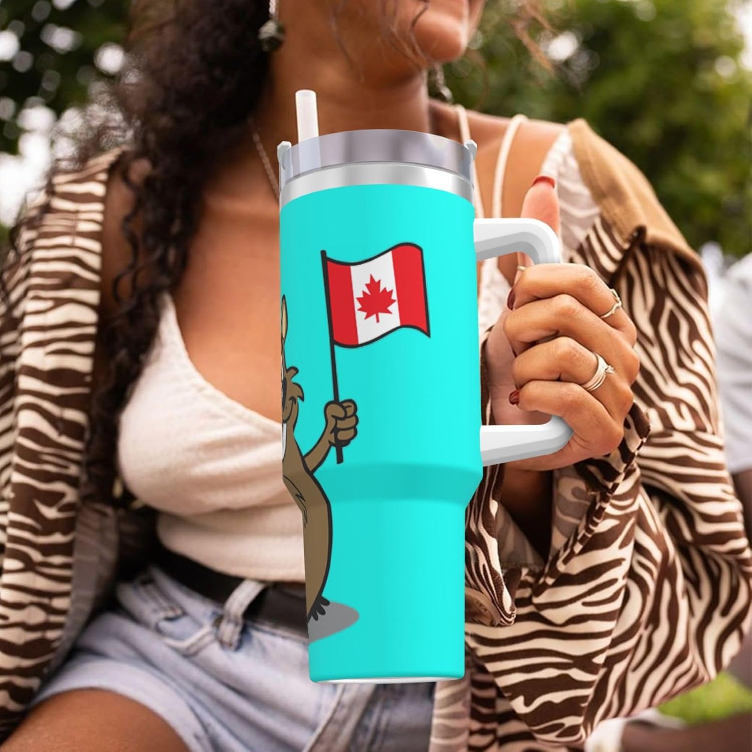 40 OZ Beaver Print Ice Bully Cup with Handle Straw Lid Straw,Stainless Steel Tumbler Coffee Cup