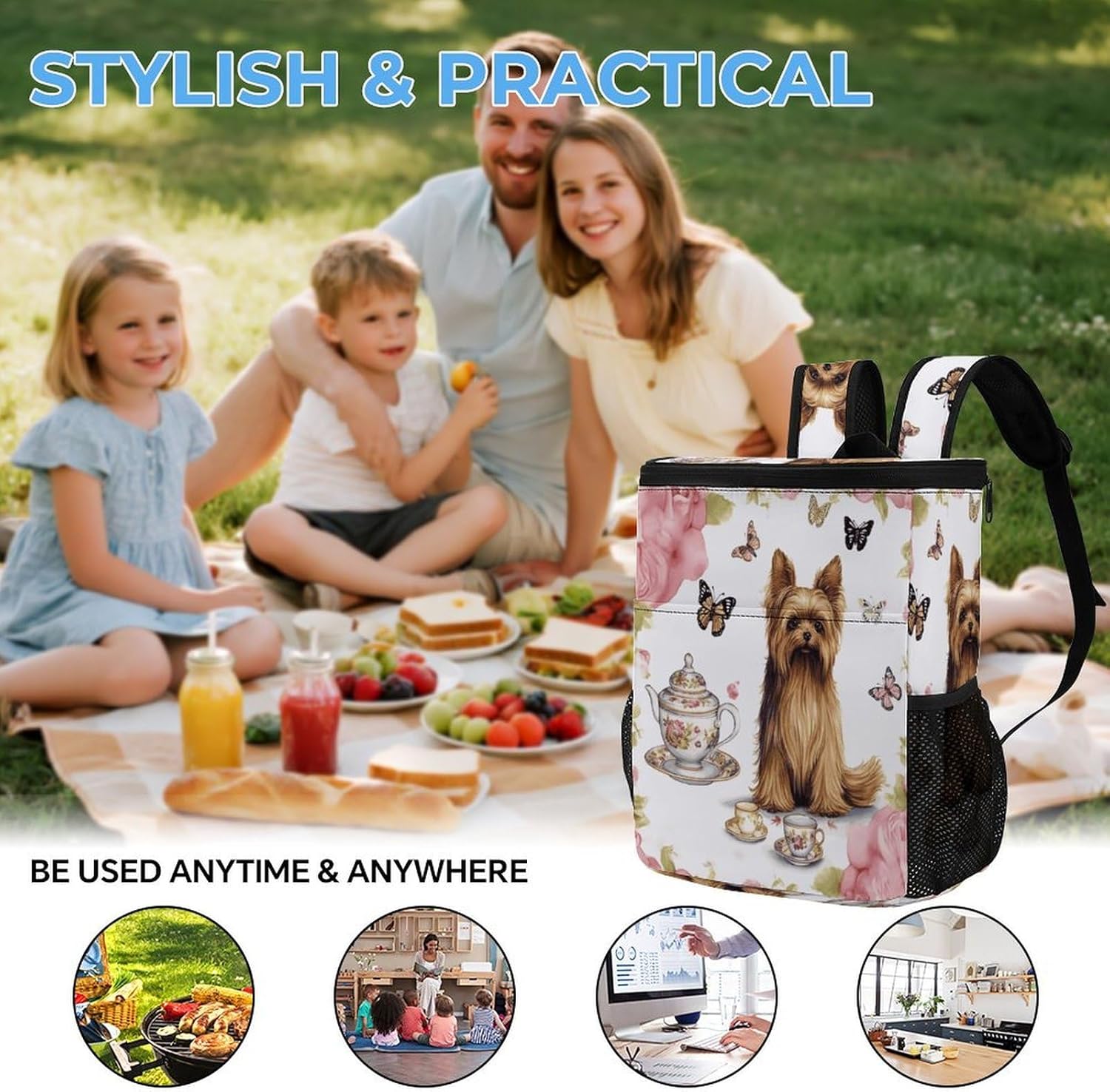Yorkshire Terrier Tea Party Butterflies Roses Cooler Backpack Fashion Large Capacity Lunch Backpacks Lightweight Insulated Backpacks Travel Cooler Bag Cooler Pack Ice Backpack Keep Fresh Backpack Cool