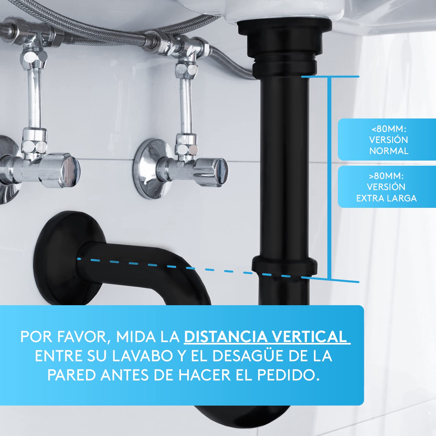 Bächlein Sifón universal para lavabo (85 mm), tapón antiolores, manguito de goma e instrucciones de instalación (idioma español no garantizado)