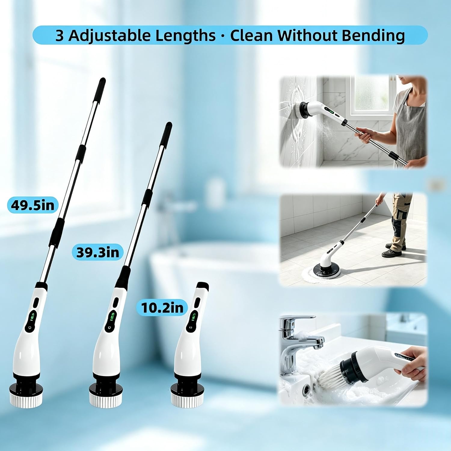 Electric Spin Scrubber, IPX7, 6 Replaceable Heads, Telescoping Handle, Cordless & Rechargeable, 2-Speed Powerful Scrubbing, Perfect for Bathroom, Kitchen & Car Cleaning