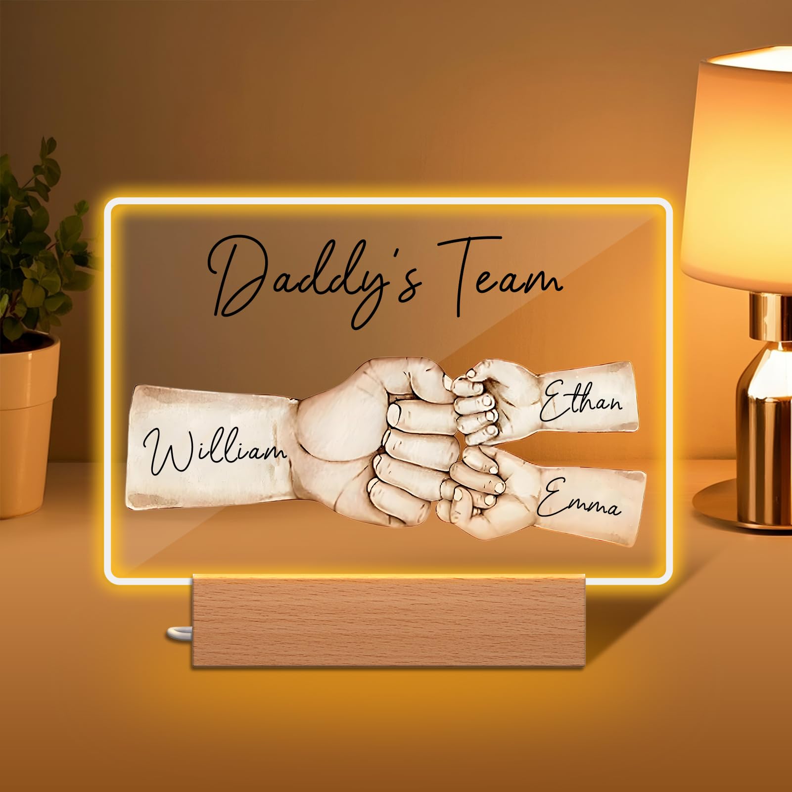Personalised Fathers Day Gift, Custom Daddy's Team Fist Bump LED Night Light with 1-5 Kids' Names, Unique Presents for Dad, Grandpa, Husband | Daddy Gifts for Birthday, First Time Dad, Home Decor