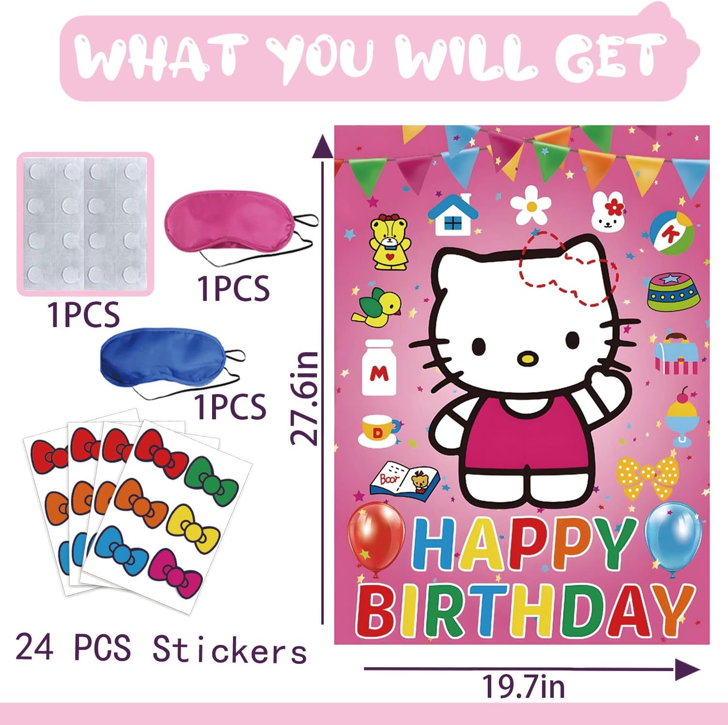 Birthday Decorations, Cute Pink Party Supplies Large Poster with 24 Pcs Bow Stickers, Pin The Bow Sticker on Cat, Cartoon Party Games for Girls Boys
