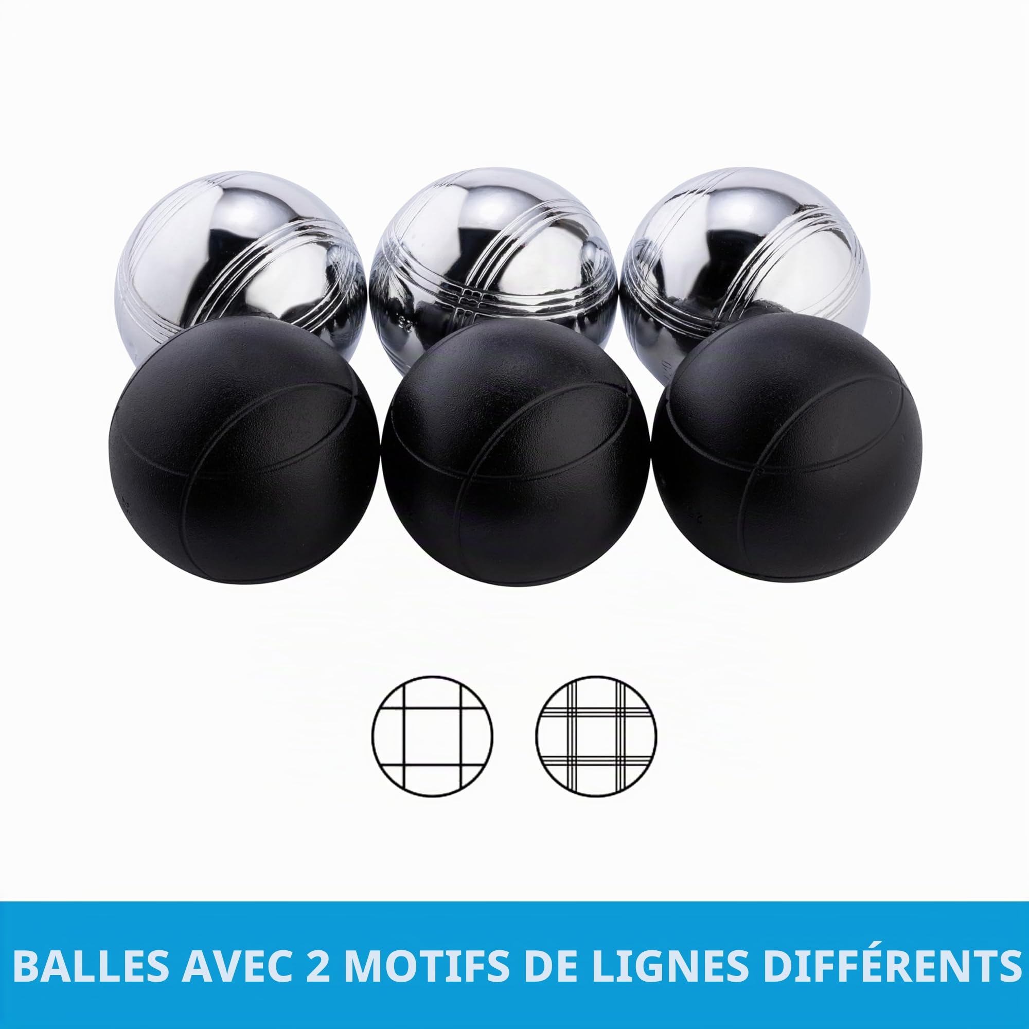 Engelhart Boules de Pétanque 6 Boules Métal 74 mm 720 g – 3 Noires et 3 Chromées avec Sac Nylon, Cochonnet, Cordon de Mesure et Ramasse-Boule Magnétique – Kit Extérieur Adulte – 010207 | Jeu complet 6 boules pour 2 joueurs avec boules noires/chromées, sac