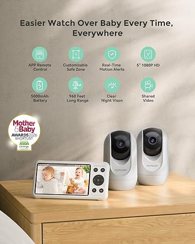 Miniatura 2 de Momcozy BM04 Smart WiFi Baby Monitor con 2 cámaras, 5 pulgadas 1080P Pantalla dividida Video Baby Monitor con cámara y audio, visión nocturna clara,