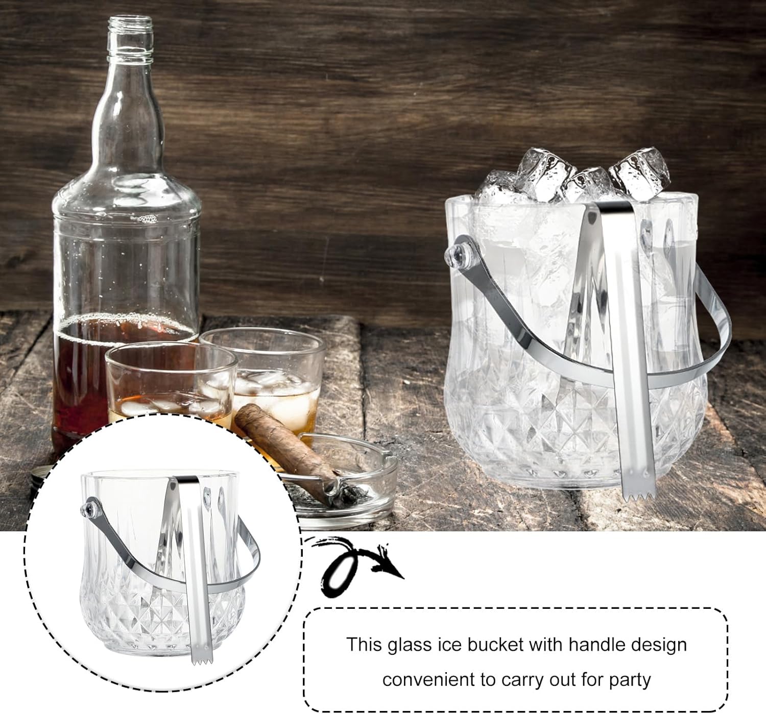 Angoily Glass Ice Bucket with Handle and Ice Tong 2.5l for Chilling Sparkling Wine and Wine Portable Crystal Patterned Storage Barrel for Home and Party Use