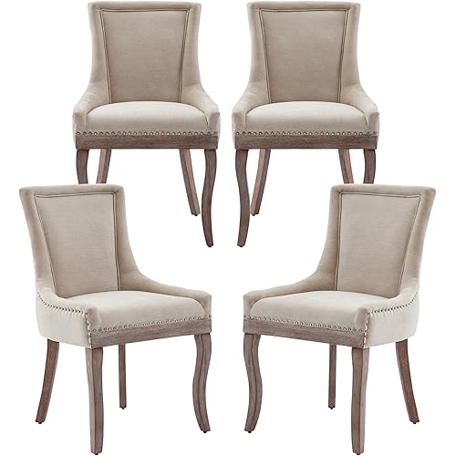 Modern Dining Chairs Set of 4, High Back Dining Chairs Side Chairs with Solid Wood Legs, Upholstered Fabric Dining Room Chairs for Dining Room Kitchen, Beige