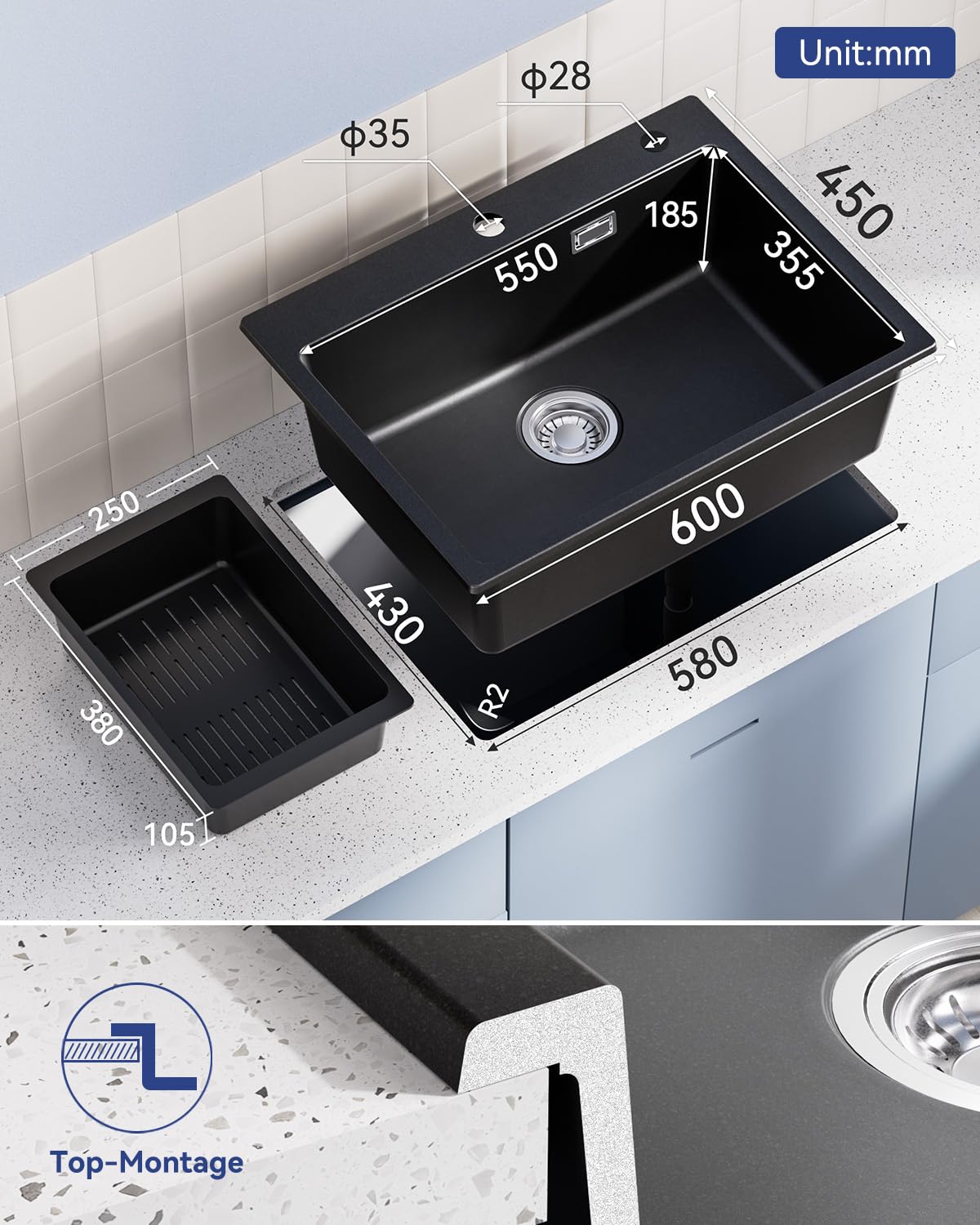 Évier de Cuisine Noir Granit 60x45cm, Évier Noir, Lavabo de Cuisine, Grande Évier de Cuisine en Granit, Évier de Cuisine Moderne Rectangulaire, Évier Simple avec 2 Trous de Robinet, Évier de