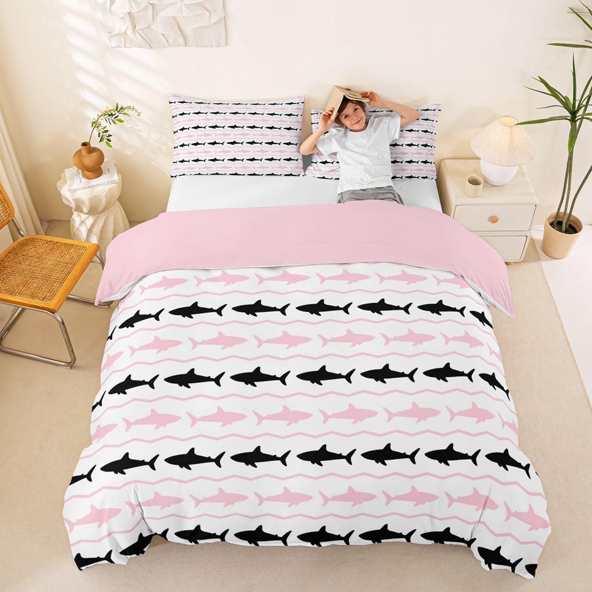 Feelyou Shark Duvet Cover Queen Size Ocean Sea Animal Comforter Cover Marine Theme Bedding Set 3Pcs Cute Sharks Room Decor No Comforter Breathable Soft Lightweight Microfiber Pink Black