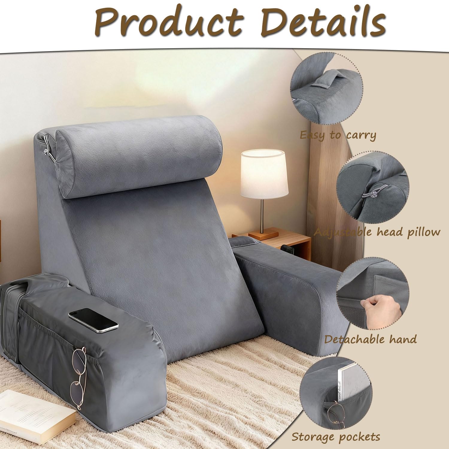 Almohada Lectura Cama, Cojín con Respaldo Apoyo Lumbar, con Soporte para Brazos y Bolsillos, Grande Cojín para la Espalda, Cojin Respaldo para Trabajar, Leer o Jugar en la Cama Sofá Suelo (GR)