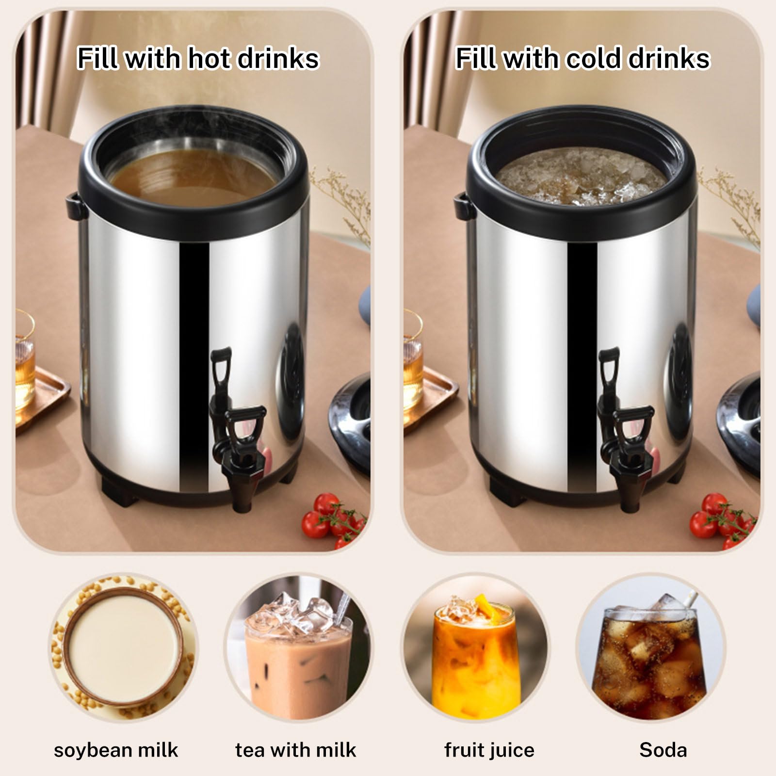 Distributeur de Boissons Isotherme 6/8/10L,Thermos Distributeur de Boissons Chaude et Froide,Inox alimentaire Conservation Longue durée Chaude et Froide,pour Camping et Restauration (6L)