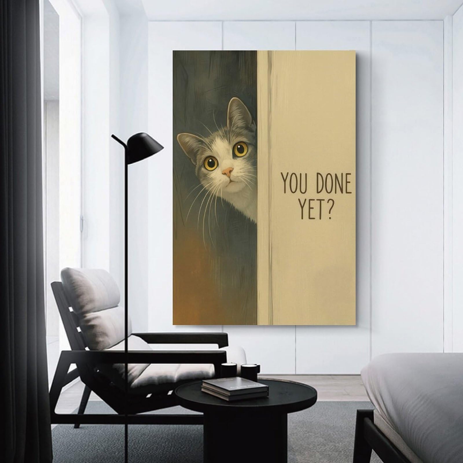 Junmoney Curious Cat Peeking Bathroom Canvas Wall Picture 24x36inch(60x90cm), for Entryway, Lounge Links Or Small Walls, Decorative Canvas Styling for Entry Areas