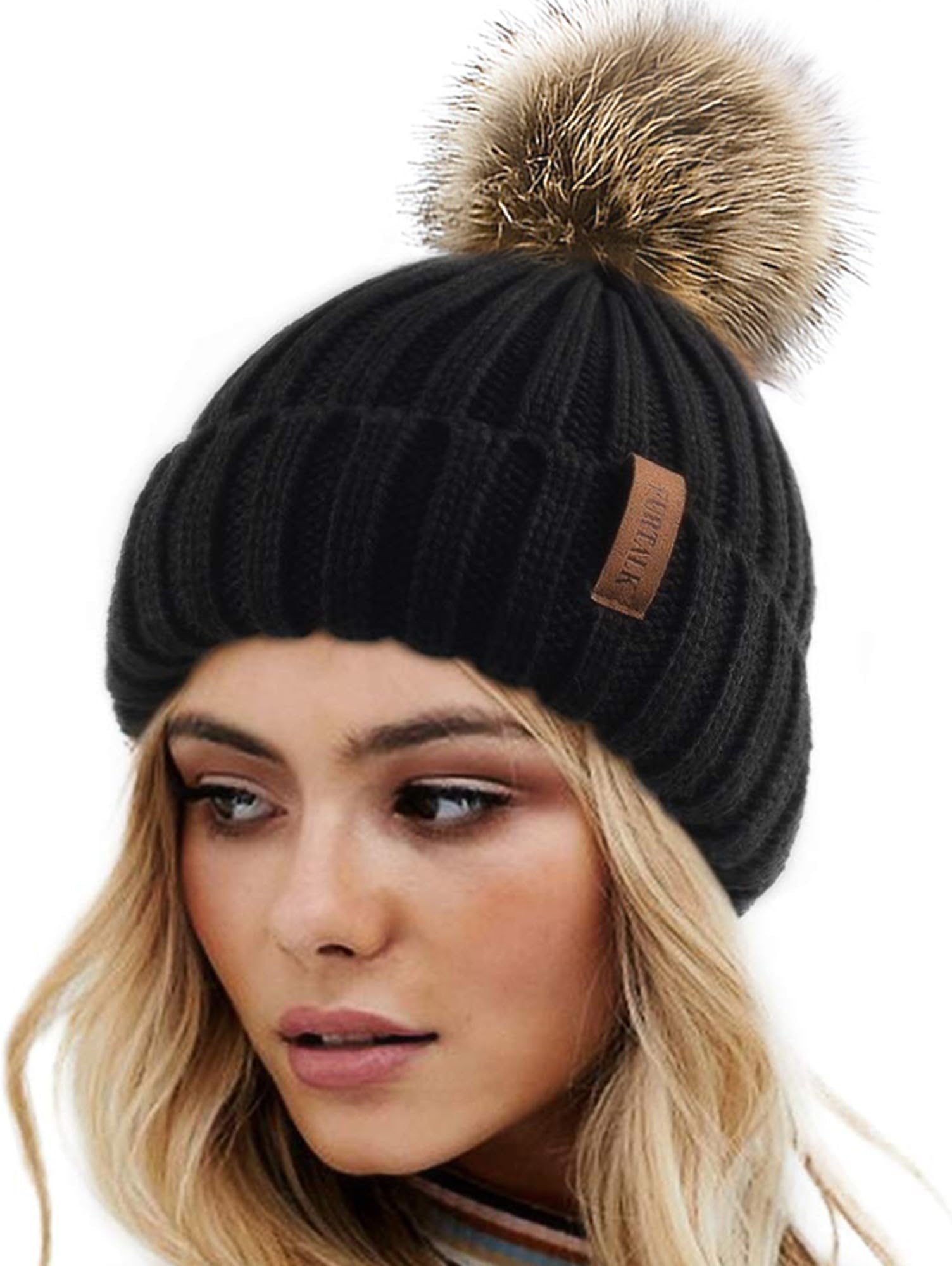 Womens Winter Knitted Beanie Hat with Faux Fur Pom Warm Knit Skull Cap Beanie for Women