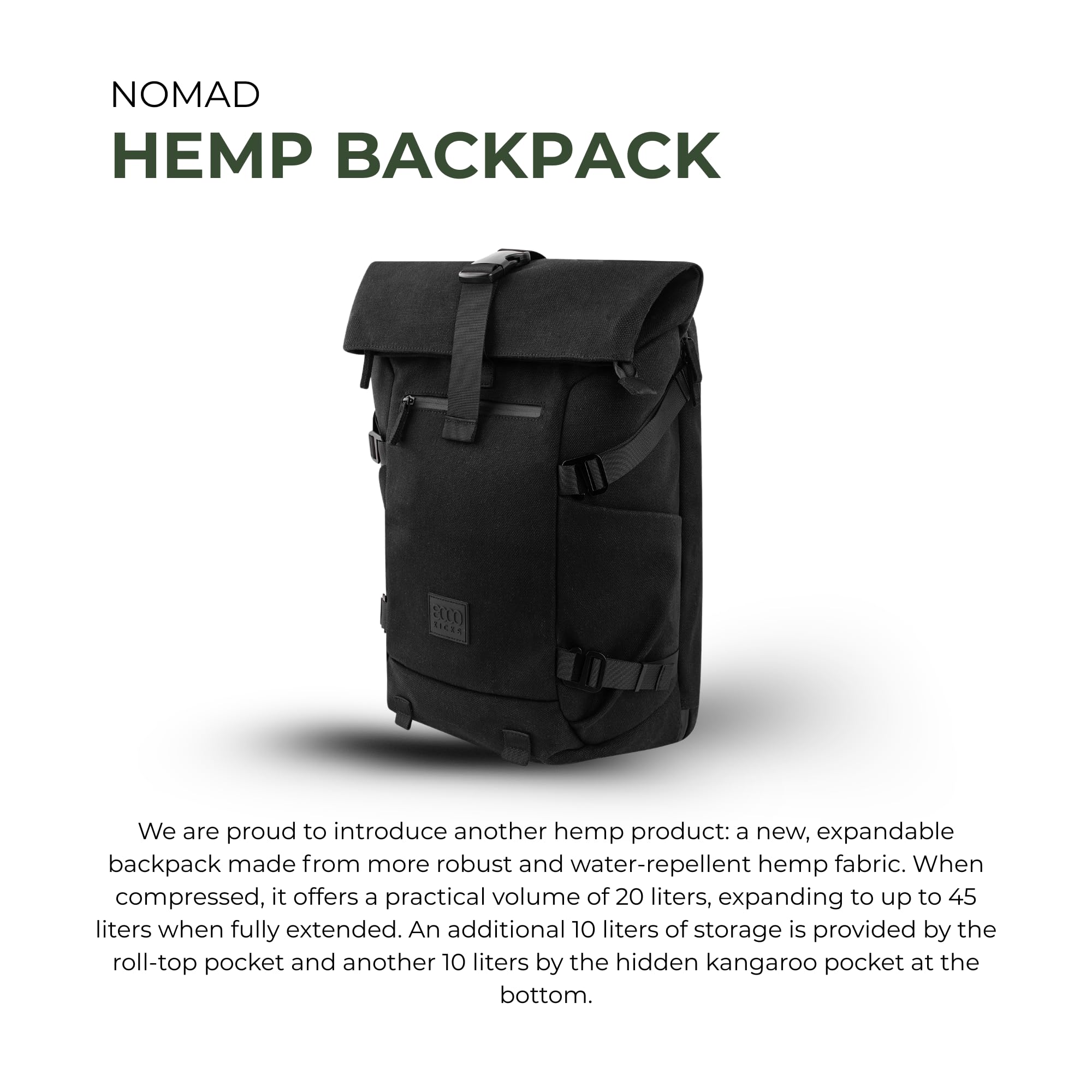8000Kicks NOMAD - Zaino 3 in 1 in canapa per nomadi, Total black, Kleine