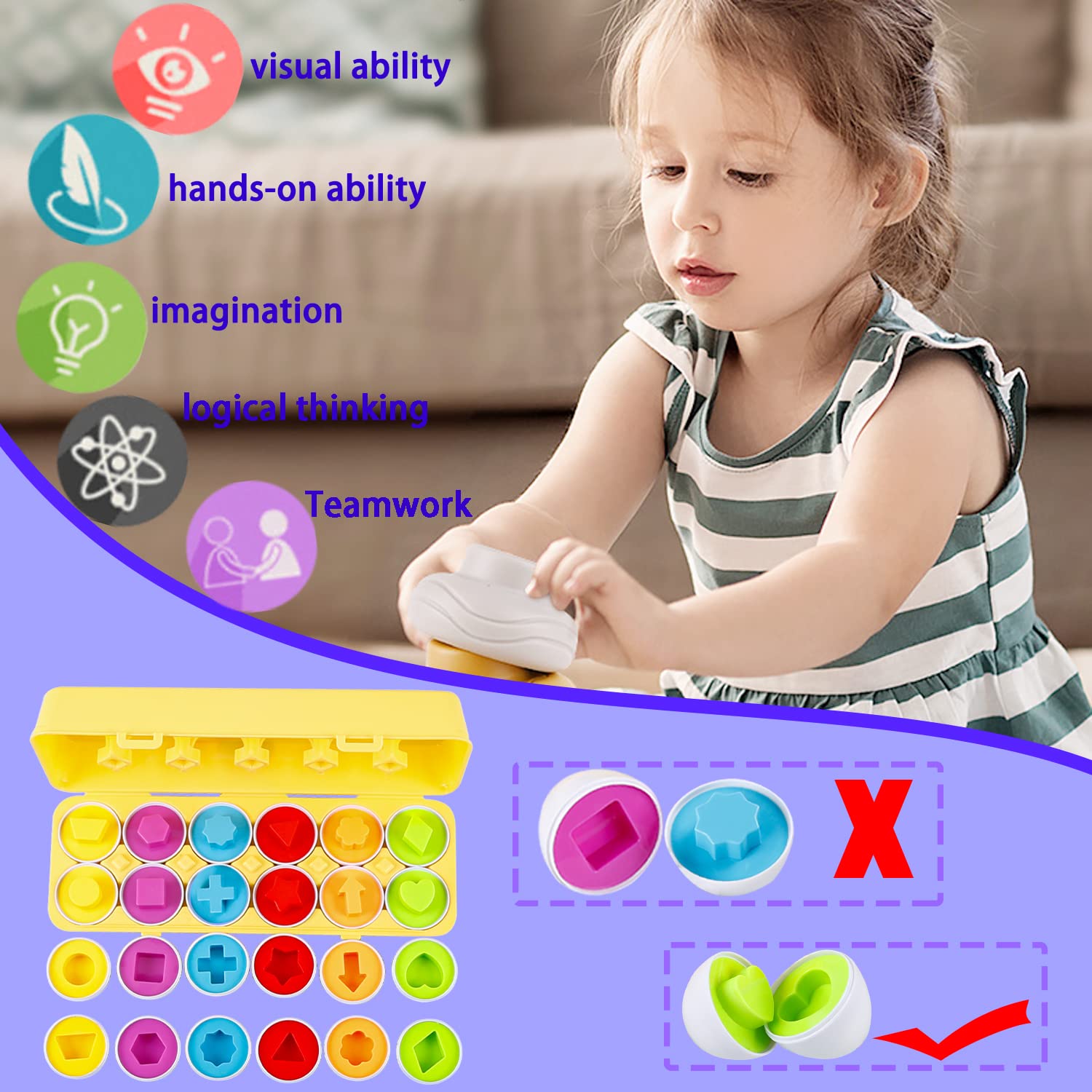 Jouets D'oeufs Correspondant Puzzle Montessori Oeufs Éducatifs Géométrique, Enfants Enseignement Précoce Reconnaître Les Formes de Couleur Patchwork, 2 Ans Boîte à œufs