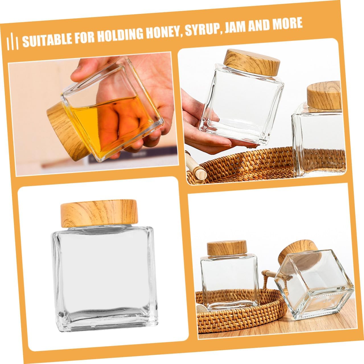 2pcs 180ml Glass Honey Jars with Airtight Wooden Grain Lids, Thickened Glass Storage Jars with Lids for Kitchen, Tea, Coffee, and Honey Container for Pantry Organization