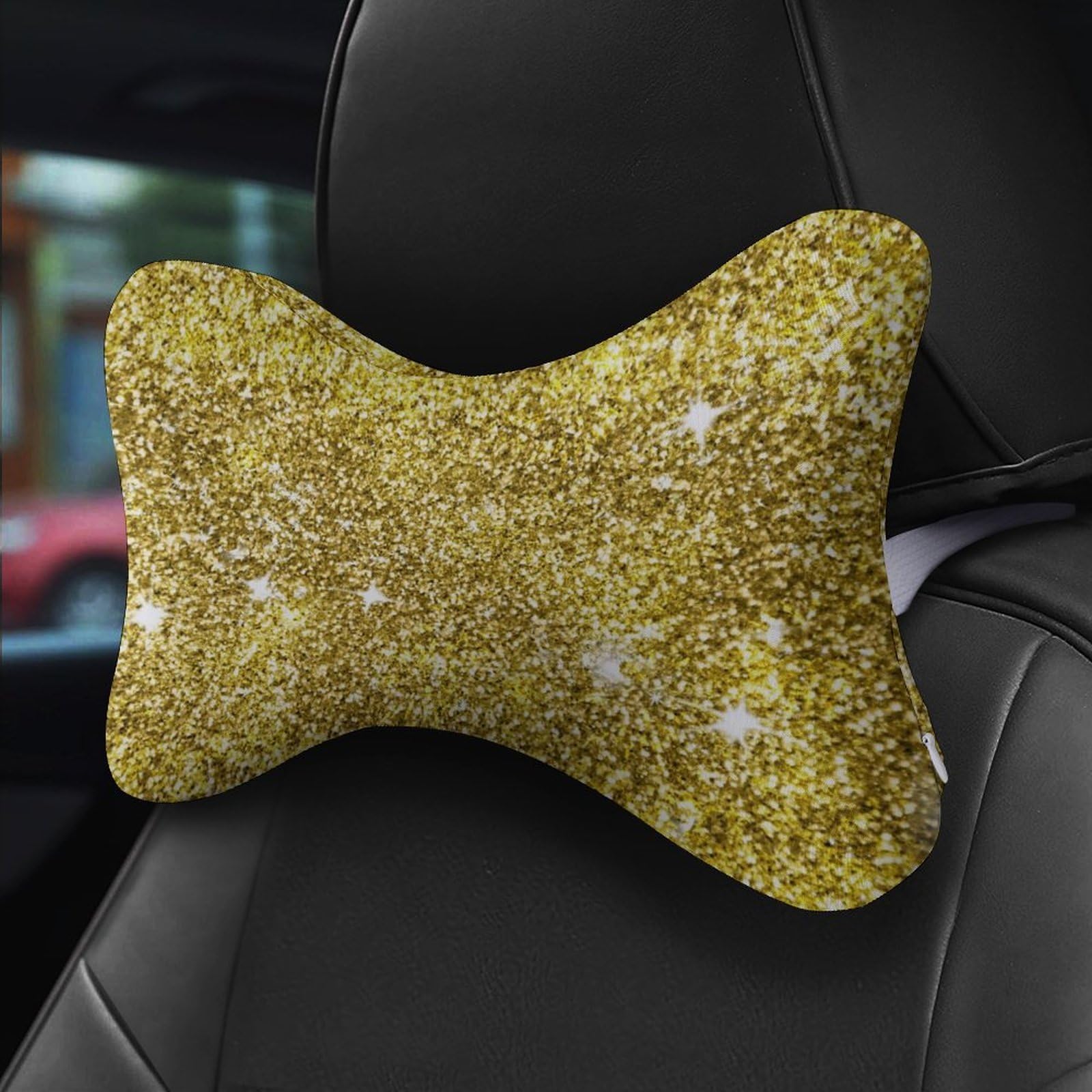 SMAZDFXX Gold Glitter Car Neck Pillow Set of 2 Car Seat Head Support Cushion Bone Pillows with Elastic Strap