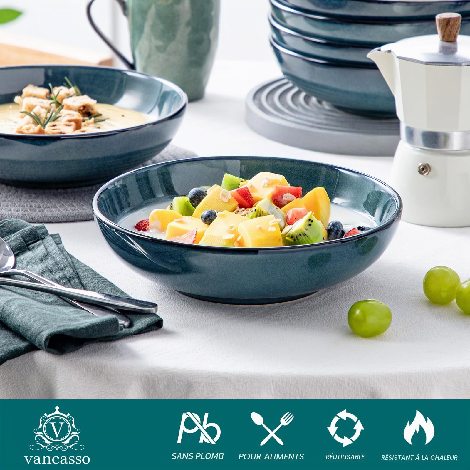 vancasso Lot de 6 Bol à Pâtes en Céramique de 1140 ML (21,8 x 6 cm) pour Servir, Passent au Micro-ondes et au Four à Soupe pour Cuisine, vert, Série STERN