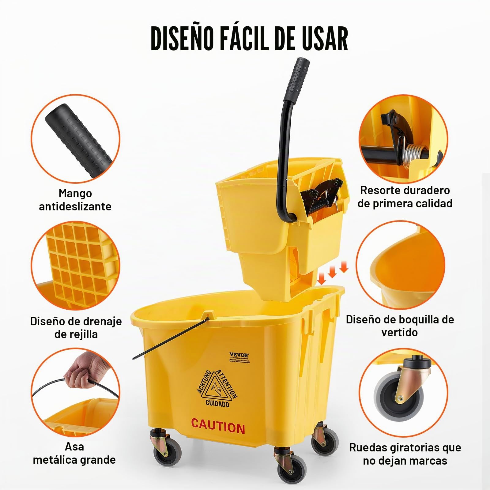 VEVOR Cubo para Trapeador con Escurridor 33L Cubo de fregona con Escurridor de Presión Lateral Cubo de Fregona de Presión Lateral y Escurridor Combinado con Ruedas para Limpieza de Pisos, Amarillo