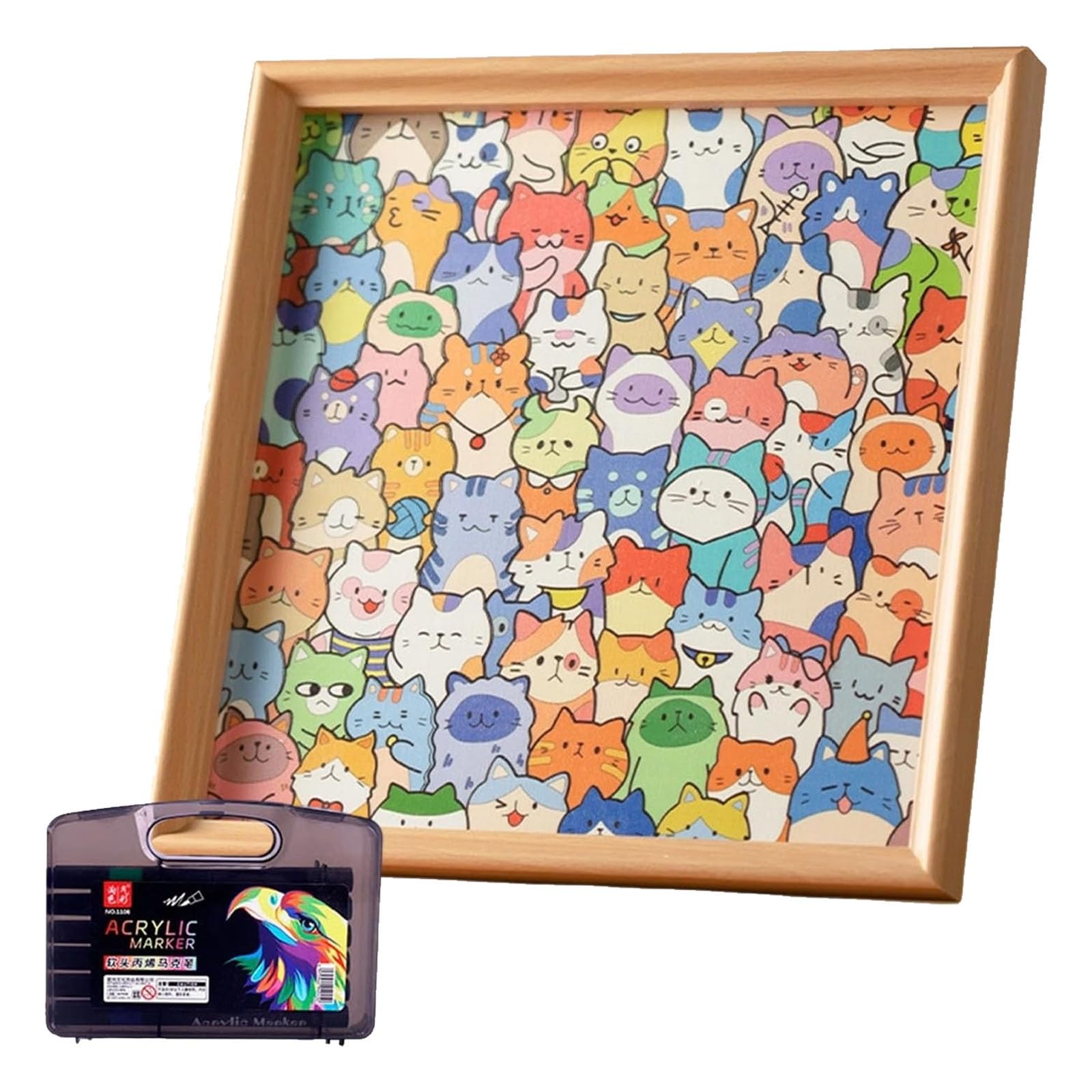 Little Kitties - Wooden Coloring Puzzle, Quordle Wood Puzzles with Photo Frame and Markers for Kids Home Travel Bedroom Playroom Birthday Holiday, Creative Activity for Kids(With 12-color Pens)