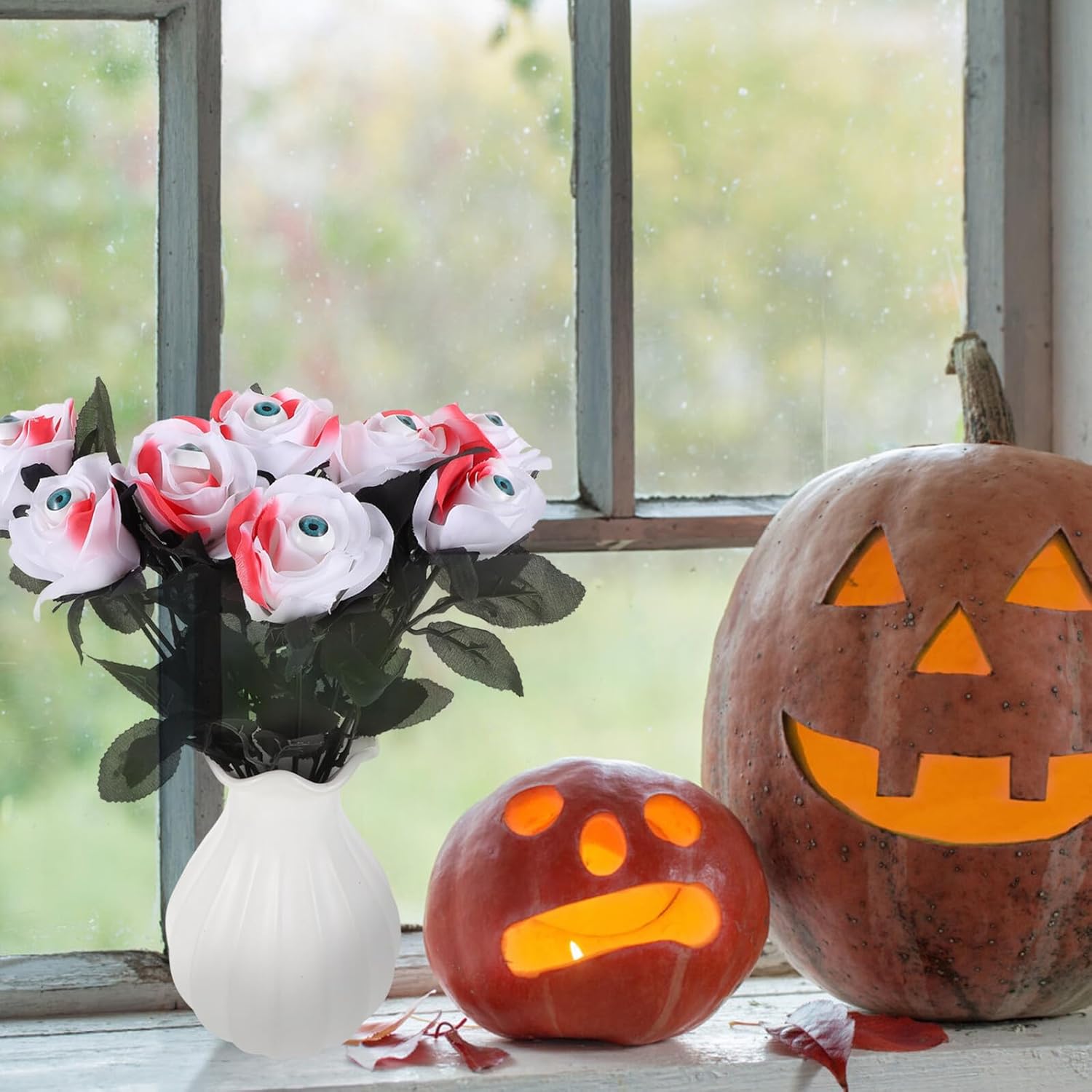 Operitacx 8pcs Artificial Halloween Rose Decorations with Props, Realistic Red Fake Flowers for Haunted House, Creepy Rose Ornaments for Home and Party Décor