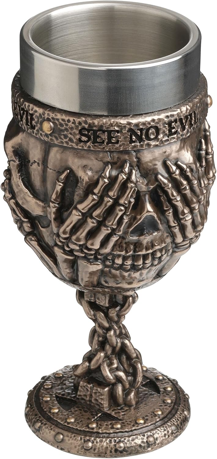Veronese Design 7 Inch Hear No Evil See No Evil Speak No Evil Chained Skull Chalice Cold Cast Resin Bronze Finish Chalice Goblet