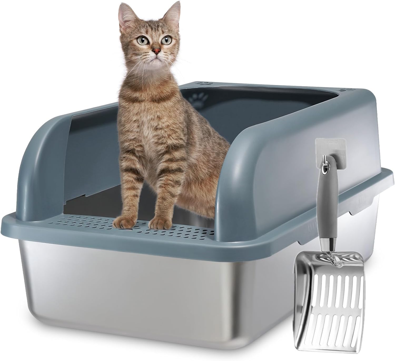 Stainless Steel Cat Litter Box with Lid, XXL Extra Large Metal Litter Box for Big Cats, High Sides Enclosed Cat Litter Box with Anti-Urine Leakage, Easy Clean, Include Litter Scoop Dark Gray