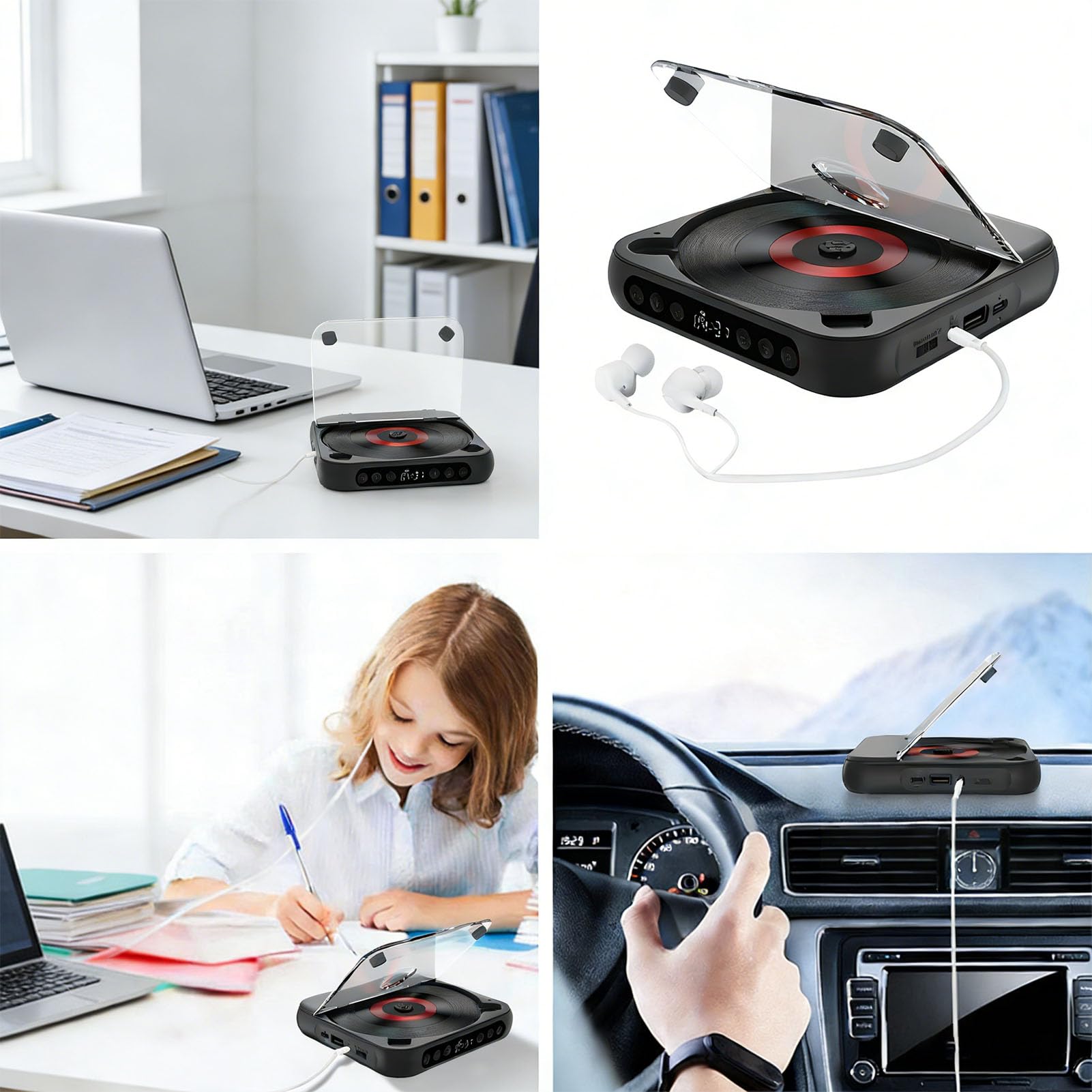 Yunseity Lettore CD Portatile con Doppi Altoparlanti Stereo, Trasmettitore Bluetooth 5.3, Batteria Ricaricabile da 2000 MAh, Schermo LCD, Supporta MP3 USB AUX per Casa e Auto (BLACK)
