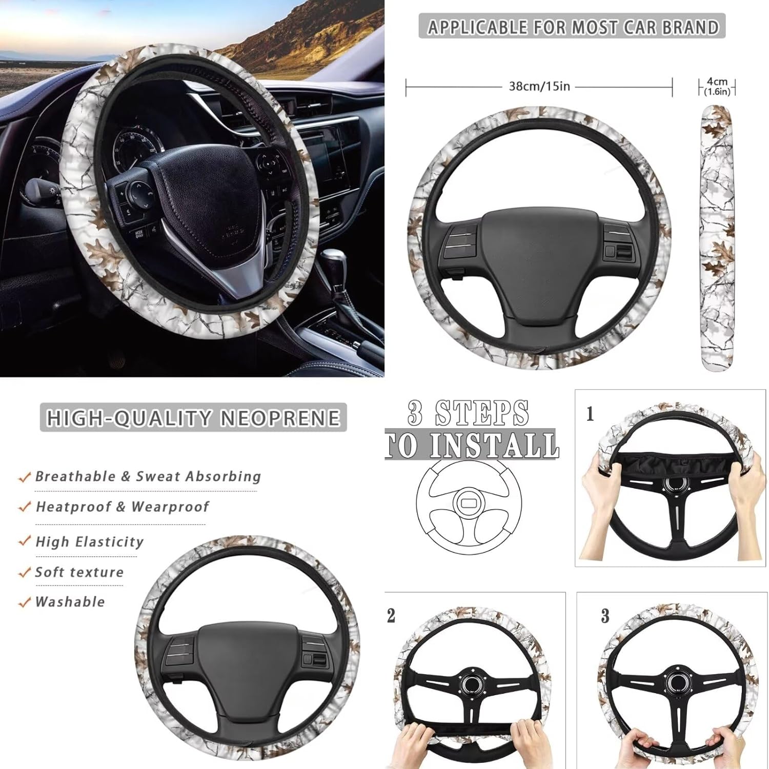 Howilath White Hunting Camo Forest Auto Seats Protector 8-Piece with Front Back Seat Covers + Steering Wheel Cover + Seat Belt Pads + Keychain Accessories Interior Decor