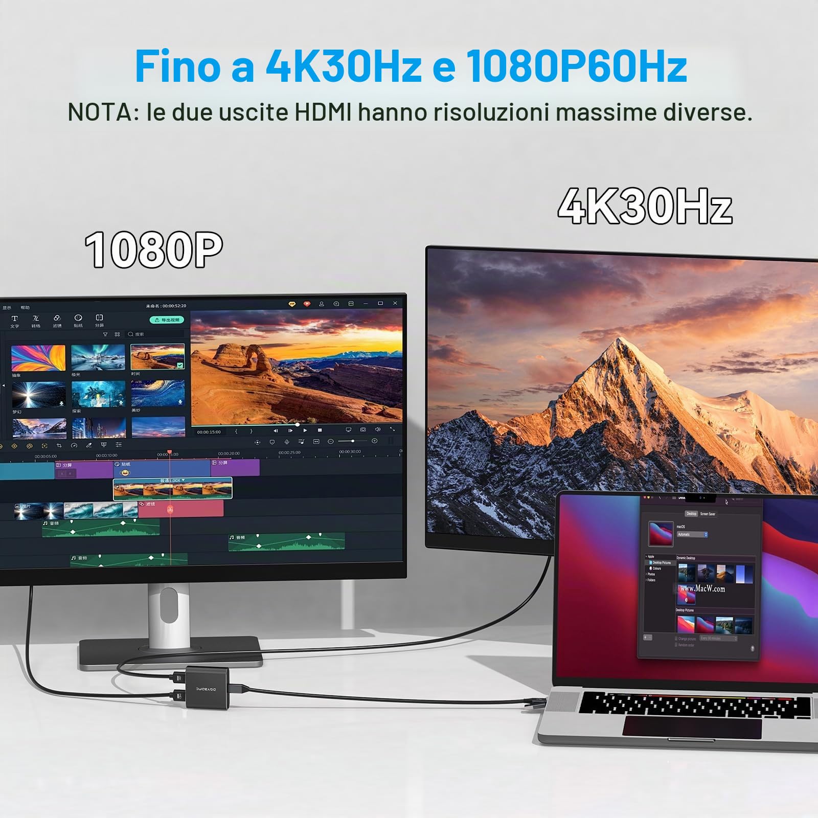 Adattatore da USB 3.0 a HDMI 1 in 2 out Display Esteso Doppio Monitor USBA e USBC a 2 Splitter HDMI 4K 30Hz+1080p 60Hz per Laptop MacOS Supporta la Modalità MST/SST con Cavo da USB-A/C a USB-C