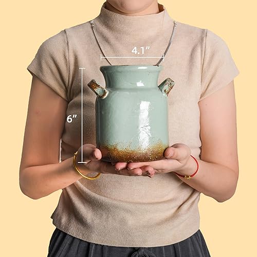 Miniatura 5 de Quoowiit Florero rústico de cerámica, floreros decorativos desgastados para decoración del hogar, decoración de estantes ideales, jarrón verde