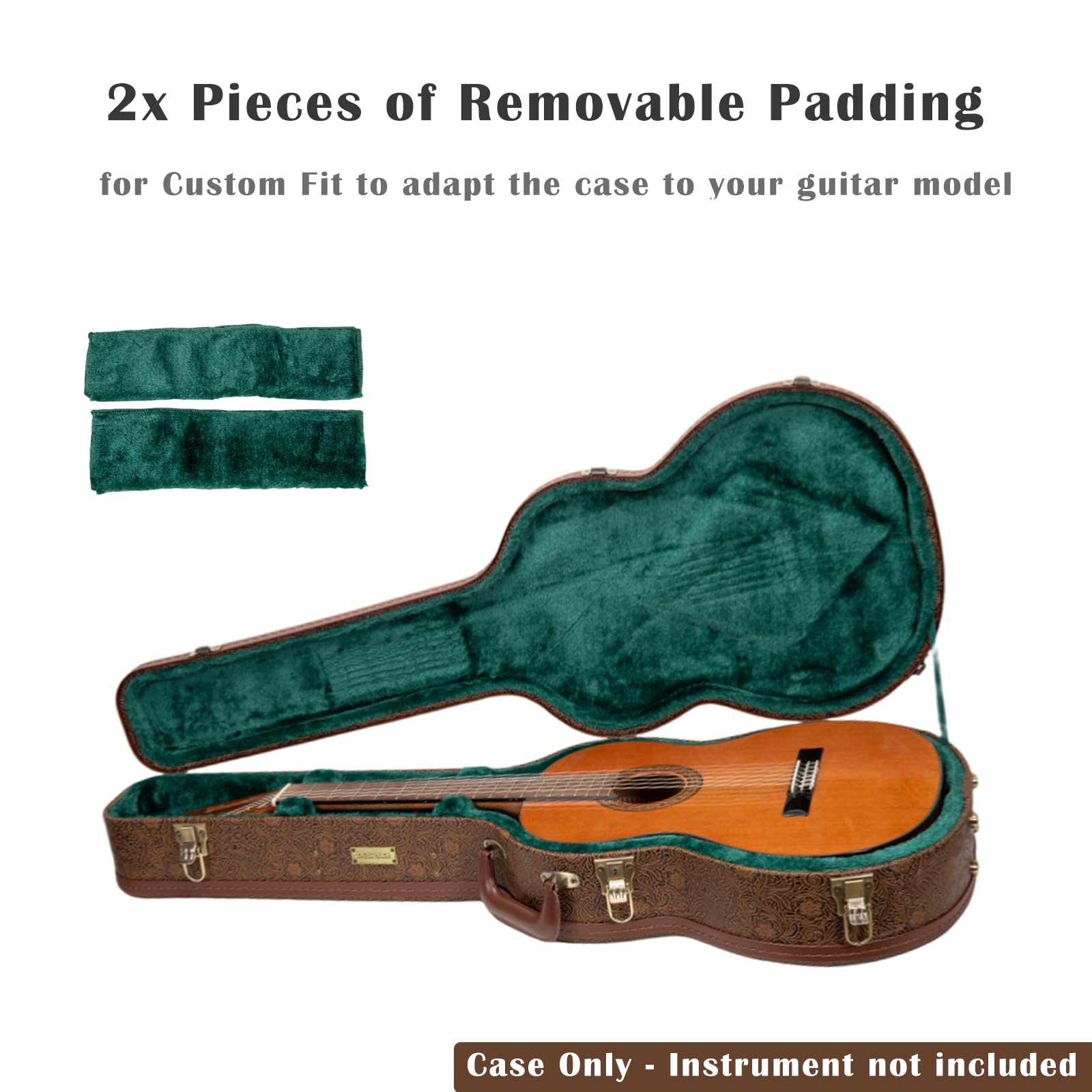 Crossrock Designer Series - Custodia per chitarra classica per corde in nylon 4/4, pelle sintetica marrone fiore, interno in velluto verde foresta, serratura - guscio rigido in legno di alta qualità